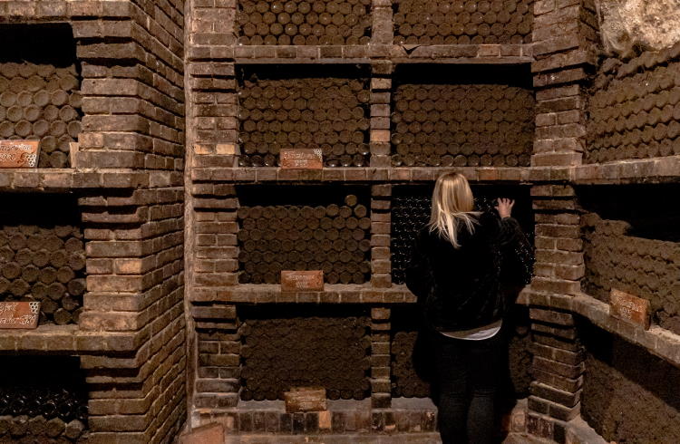A woman selects bottles from a huge wine cellar at the Ilocki Podrumi winery in eastern Croatia.